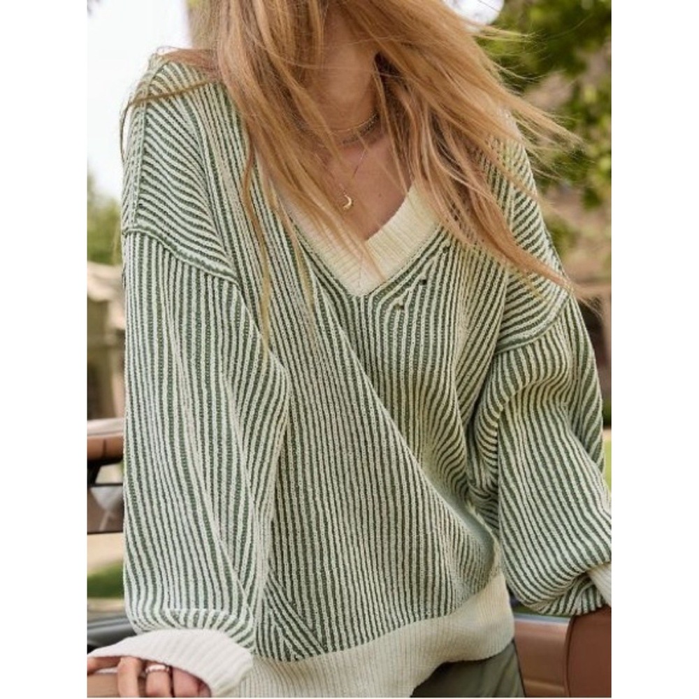 Aerie Beyond Oversized Chenille VNeck Sweater Royal Palm Green White XL Boxy